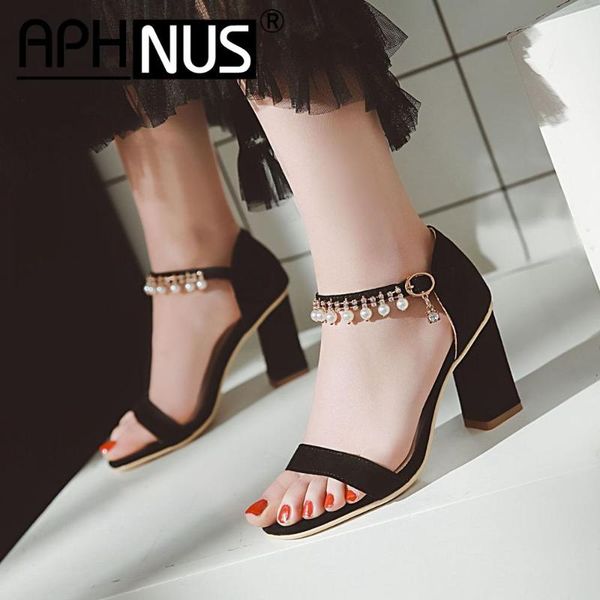 

sandals aphnus womens office ankle wrap tassel work mid high heels pumps rough thick woman 2021 shoes for women, Black