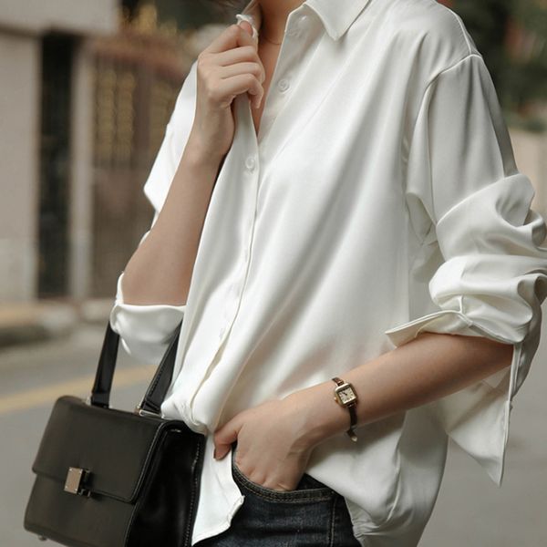 

ladies white blouse retro drape shirt mercerized satin women loose korean professional top