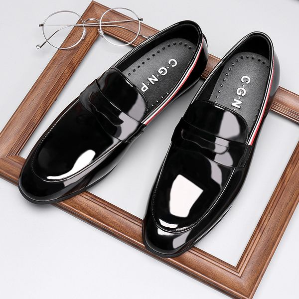 

men shoes leather shoes business dress patent leather men's zapatos cow genuine full grain, Black