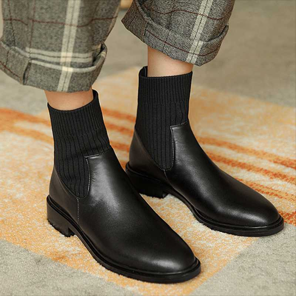 

luxury genuine leather sock boots woman fashion round toe flat winter boots women ankle black brown cow-leather short boot