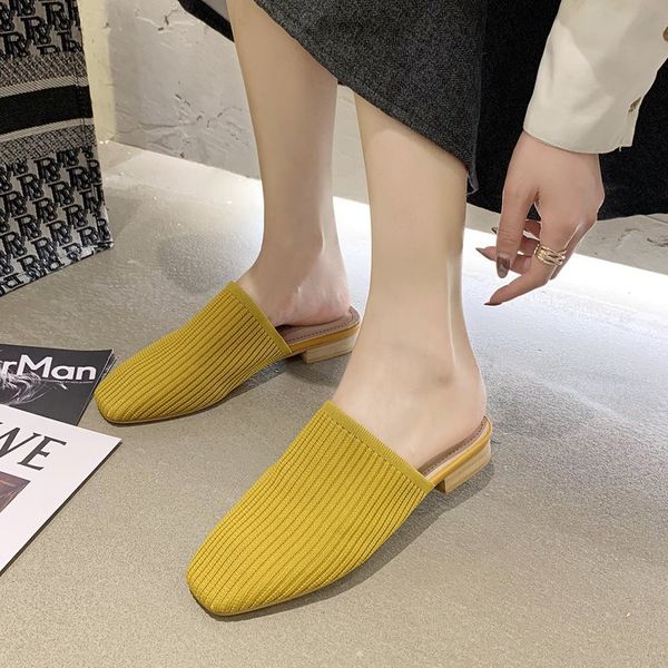 

fashion square head slipper women's 2020 spring outer wear online celebrity low heel semi-closed-toe semi-slipper shoes casual k, Black