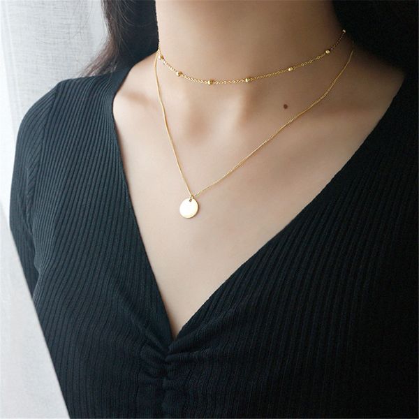 

andywen 925 sterling silver gold round pendant chocker women double chain necklace simple 2020 fashion luxury jewelry q1219, Golden;silver