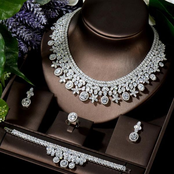

hibride fashion round cubic zirconia necklace earring set women bridal dress accessories dubai wedding jewelry sets n-1518, Silver