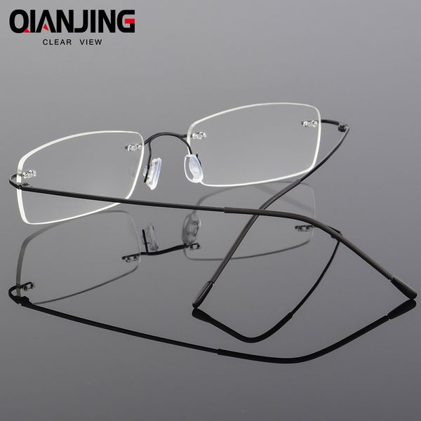 

qianjing 2020 titanium myopia rimless glasses memory square eyeglasses optical spectacle frame eyewear men women brand designer, Black