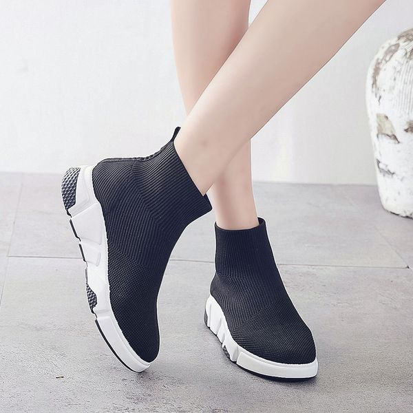 

size plus autumn knitting sock boots ankle boots women shoes woman slip on round toe winter thick sole platform shoes, Black
