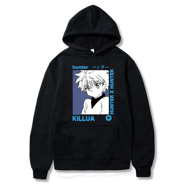 

streetwear anime hunter x hunter killua printed men casual homme fleece pullover hoodie y0111, Black