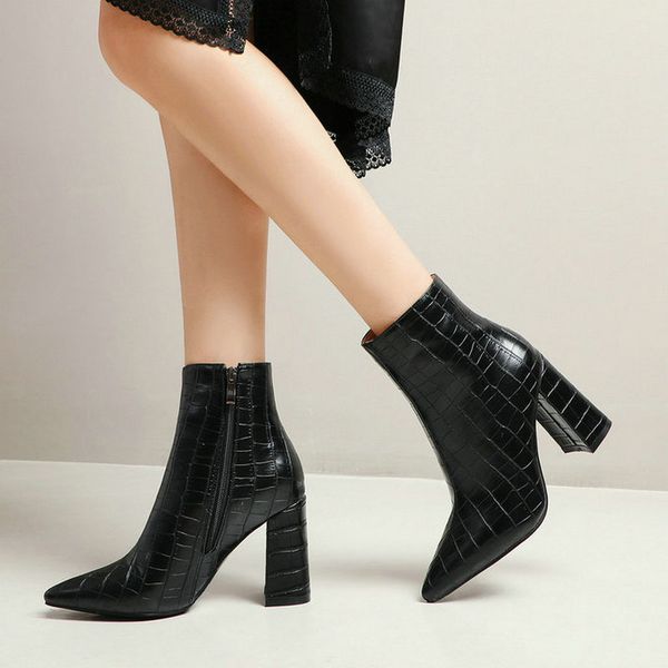 

blue white brown women ankle boots square heel women pointed toe shoes short plush winter boots stone print pu leather, Black