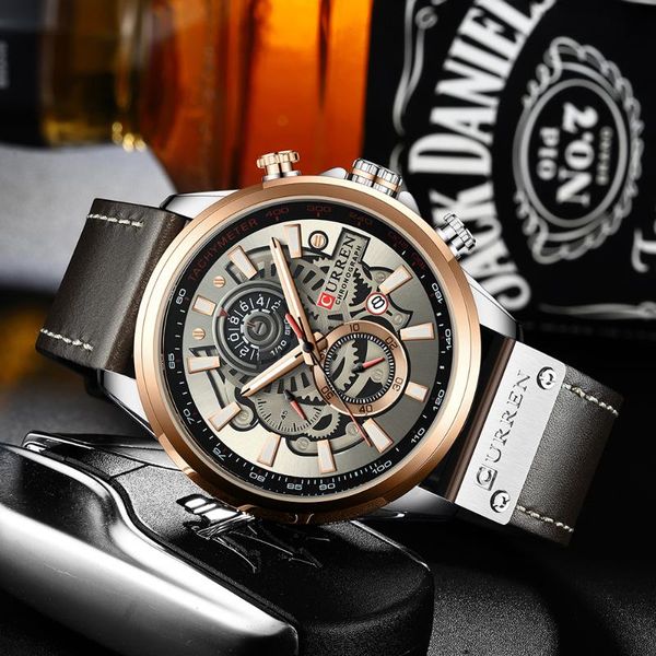 

new men watches curren creative fashion brand chronograph quartz wristwatch leather strap lumious hands waterproof clock gft, Slivery;brown
