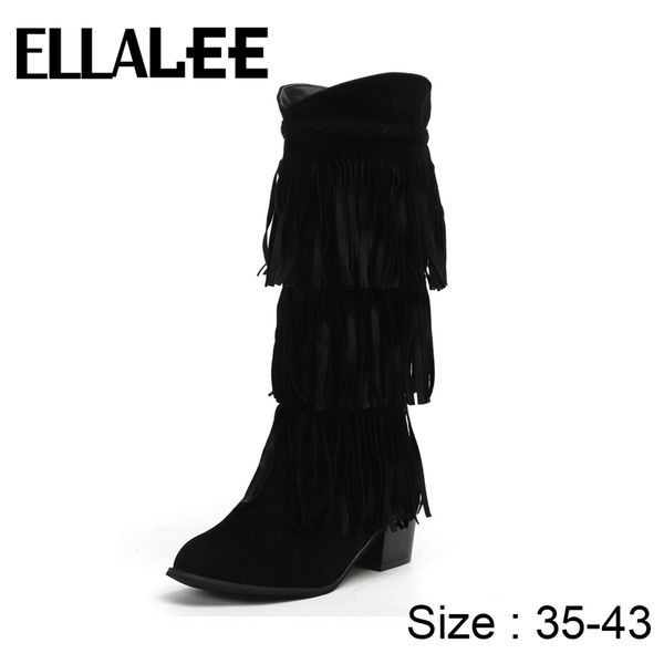 

высокие каблуки сапоги женщины новые кисточкой сапоги мода suede осень / зима средний каблук середины икры толстый каблук, Black