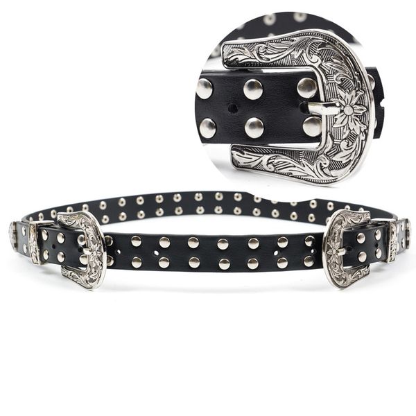 

vintage double metal carving buckles pins women belts black pu leather jean belt punk street female rivet studded waist belts, Black;brown