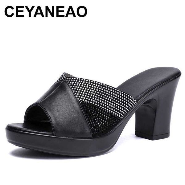 

ceyaneao женщины тапочки 2020 дамы летние натуральная кожа тапочки обувь женщины высокие каблуки мода rhinestone летняя обувь, Black