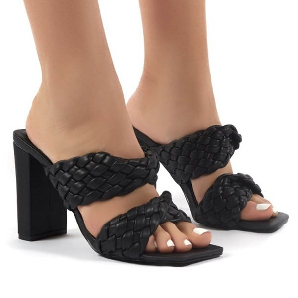 

handmade knitted sandals women slippers chunky high heels shoes women rome weave sandalias plus size 35-42 femmes sandales 2020, Black