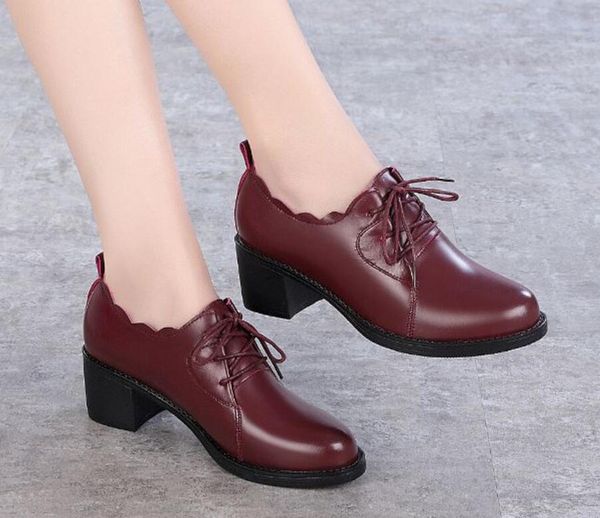 

spring and autumn leather ladies single shoe middle heel plus velvet lacing thick heel middle aged mother shoes holiday gift, Black