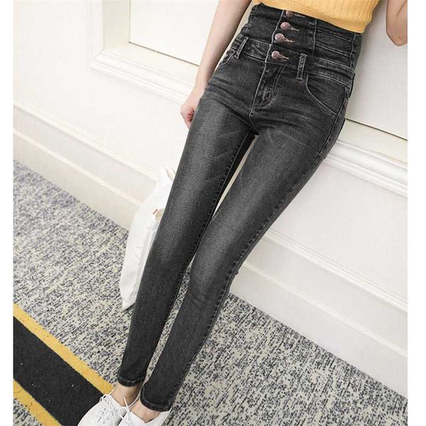 

women high waist skinny women jean korean 2020 fashion style retro vintage pockets all-match simple daily, Blue