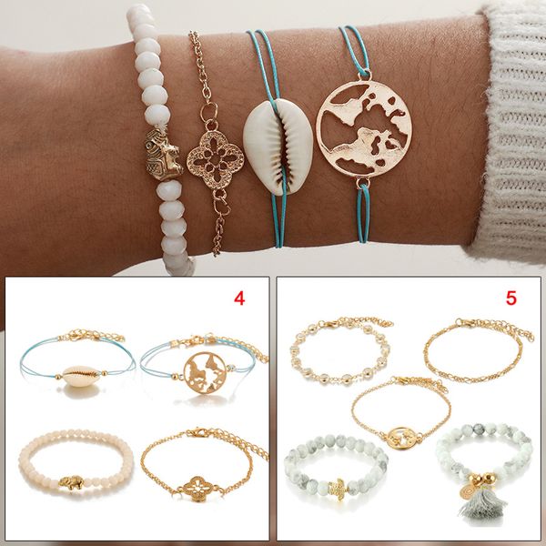 

ladies bracelets set geometric hollow map tassel turtle rhinestones beaded bracelet 4/5pcs/set d88, Black