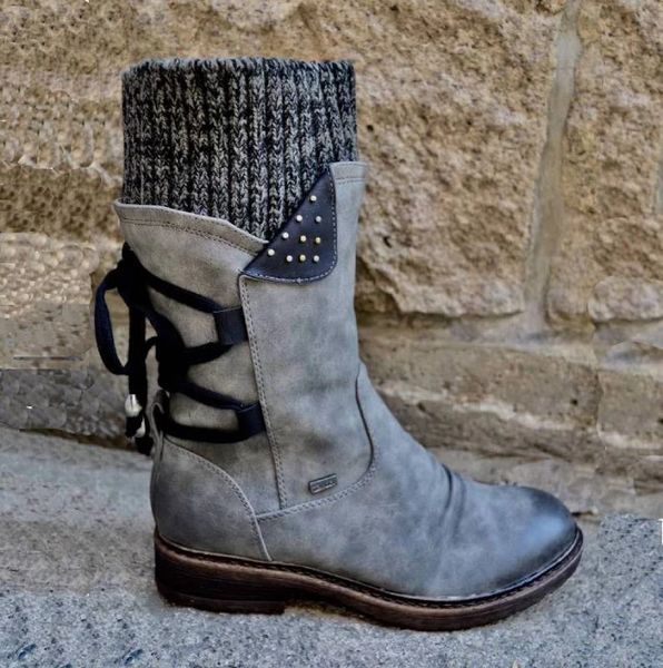 

2020 new warm winter snow boots women zipper fashion pu leather mid-calf boots back lace-up design solid low heel shoes, Black