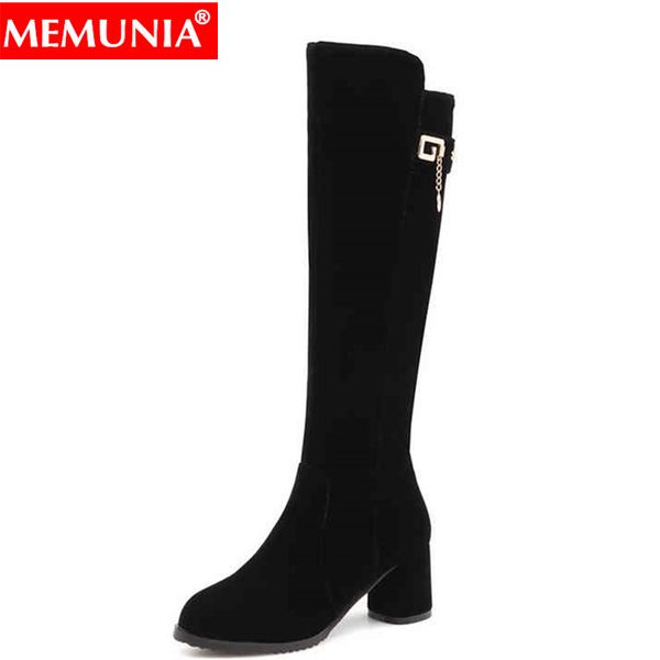 

memunia plus size 34-43 women boots thick high heels flock black party shoes knee high boots women knee
