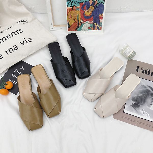 

cover toe shoes slippers casual slides mules for women 2020 low pantofle luxury summer square soft new flat rubber retro pu, Black