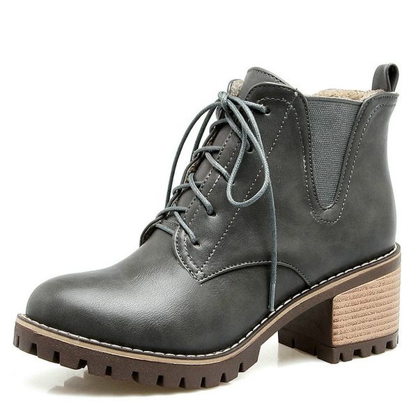 

2020 women ankle boots lace up fashion round toe pu leather square mid heel solid black fur women boots