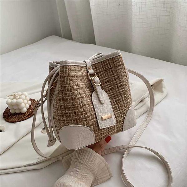

drawstring women's flax bucket bag summer contrast color shoulder bags shopping purse beach handbag straw handbags travel bag