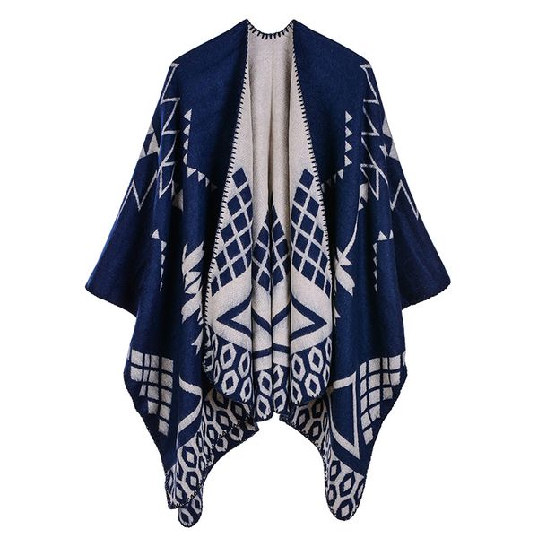 

2020 autumn winter new warm women scarf cape geometric print style vintage ladies poncho square scarf shawl cape, Blue;gray