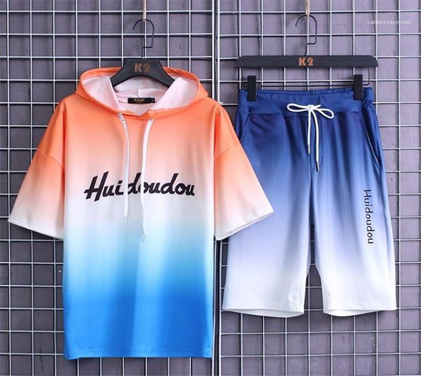 

short pants suits fashion men sportswear mens designer letter print tracksuits casual gradient color hooded short sleeved, Gray