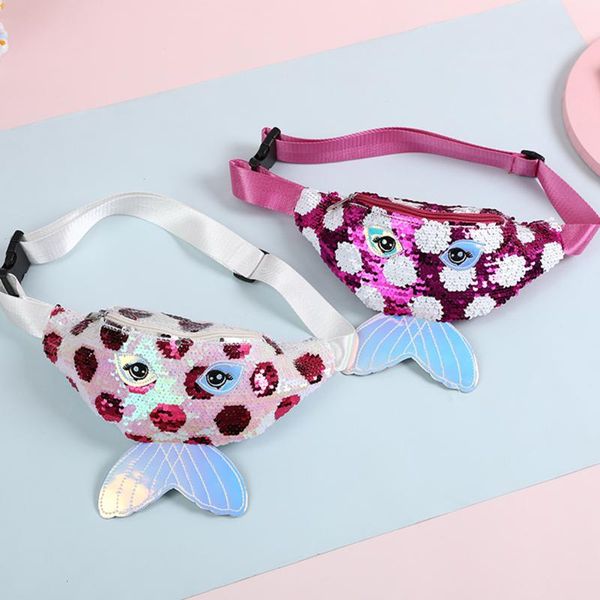 

cute chest pack women girls big eyes printing splicing sequin fish tail waist bags fashion zipper semicircle crossbody bag
