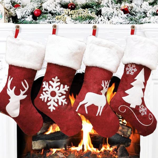 

christmas stockings red reindeer elk snowflake with faux fur xmas stockings christmas tree decorations kids gifts bag candy bags