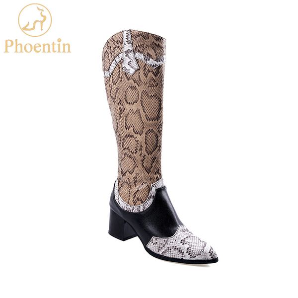 

phoentin snake printed knee high boots 2020 new western mixed colors booties woman pu leather plus size 48 zipper shoes ft775, Black