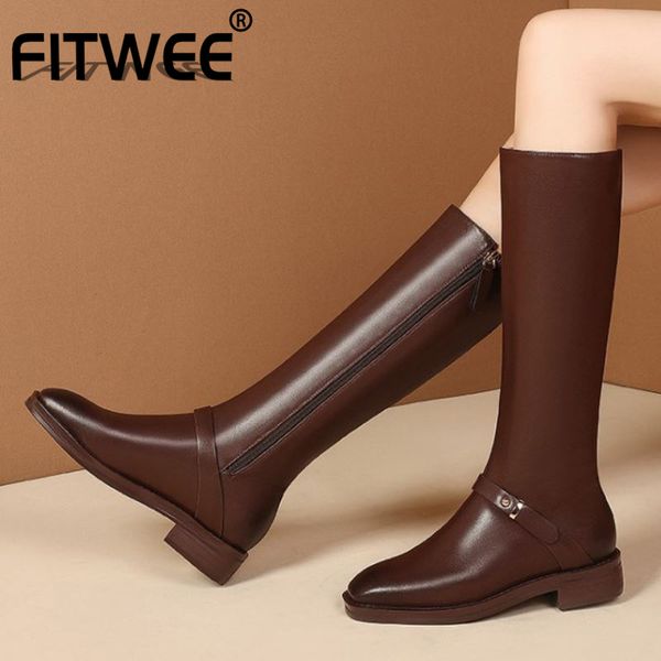 

fitwee real leather women knee boots flats square toe zipper shoes buckle warm boots fashion women party footwear size 35-43, Black