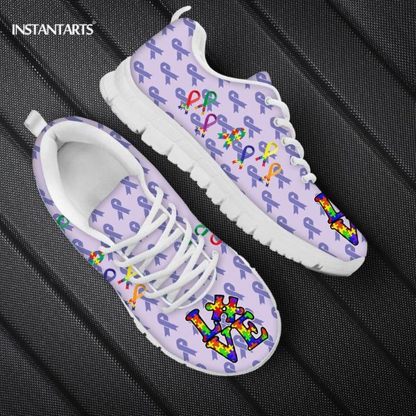 

instantarts love autism ribbon printing women's shoes casual slip on summer sneakers for women breathable mesh shoe lightweight, Black