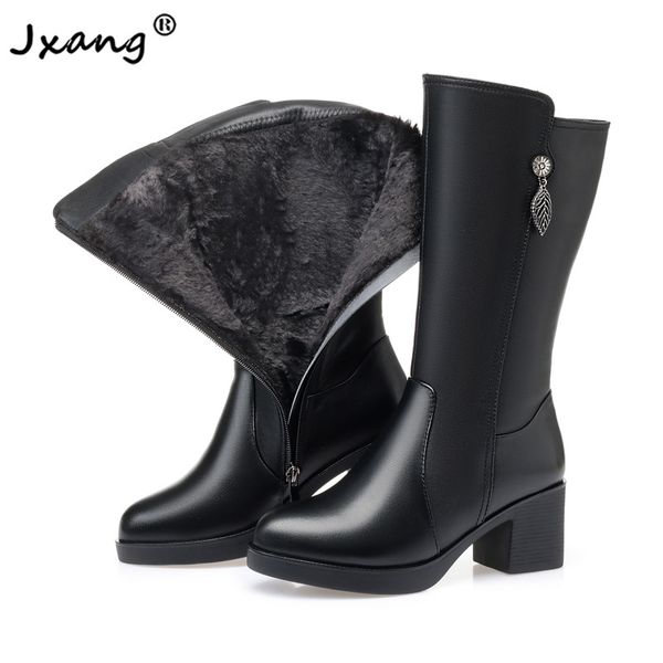 

jxang 2020 wool fur boots winter thick heels women leather warm fashion plush fur warm leisure snow boots shoes woman large size, Black