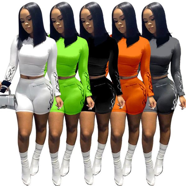 

women two piece outfits designer long sleeve t shirt 2 piece set bodysuit tracksuit sportsuit shorts pants sport suit solid color p875, White