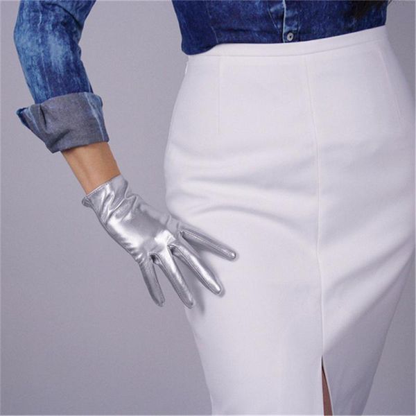 

short gloves 2020 ladies simulation leather 21cm unlined patent leather silver wine red b32, Blue;gray