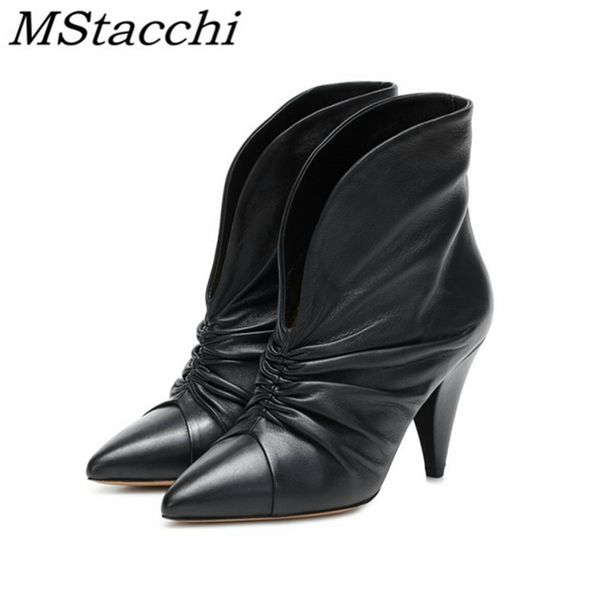 

mstacchi pleated pointedwomen high heel shoes genuine leather thin heels 2020 new mature sweet ladies shoes tacones mujer, Black