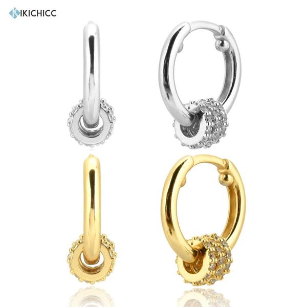 

hoop & huggie kikichicc 100% 925 sterling silver 9.5mm circle zircon hoops rock punk piercing pendiente sepatate cz charm luxury fine jewelr, Golden;silver
