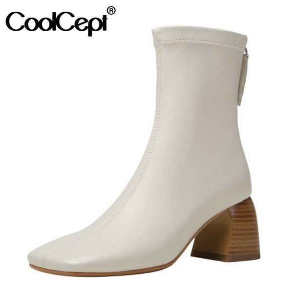 

coolcept women ankle boots rthick high heel square toe zipper shoes winter warm boots women fahion party footwear size 34-40, Black