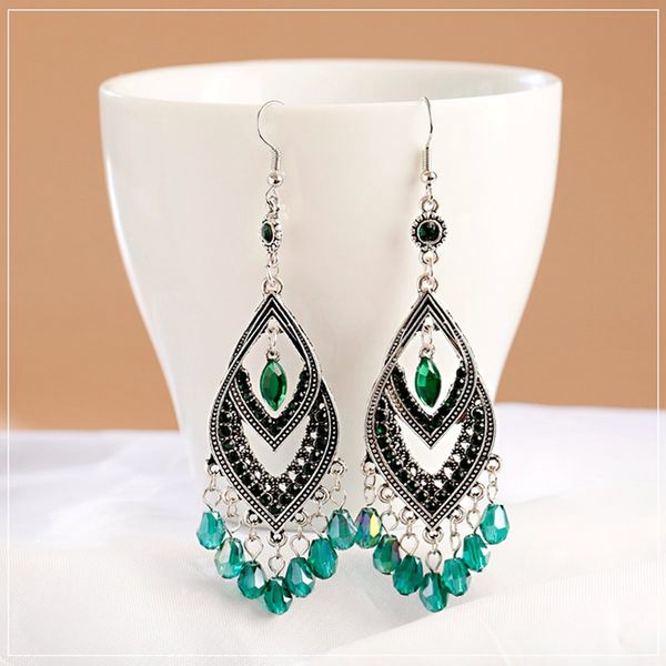 

dangle & chandelier women's crystal green stone tassel drop earrings boho summer jewelry pendientes vintage ethnic geometric, Silver
