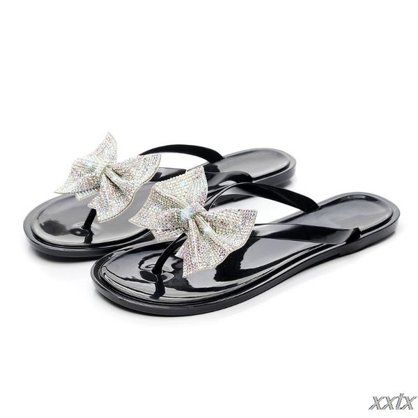 

women shiny rhinestone bowknot flip-flops jewelry sequins beach flat sandals, Black