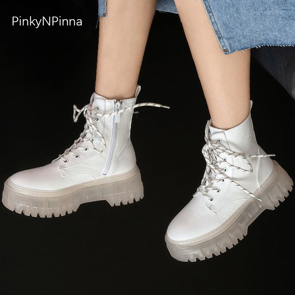 

autumn genuine leather women white super high platform pvc transparent ankle boots street jeans height increasing booties shoes, Black