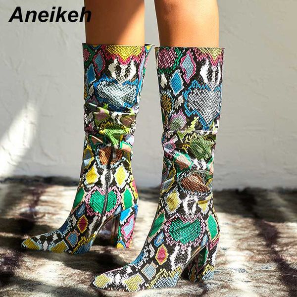 

aneikeh 2020 winter colour serpentine fashion boots heel high knee-high pointed toe pumps night club party boots shoe size 35-42, Black