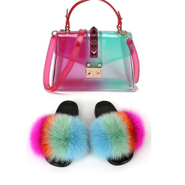 

fur slides and purse set fur slides for women purses female shoes purse furry fluffy slippers summer sandals, Black