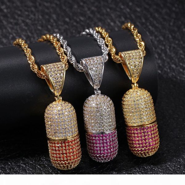 

hip hop colorful iced out open pill shape pendant bling bling cubic zircon designer necklace mens jewelry, Silver