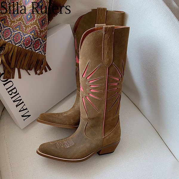 

boots runway brown pointed toe suede western cowboy woman embroidery chunky heels knee high knight for, Black