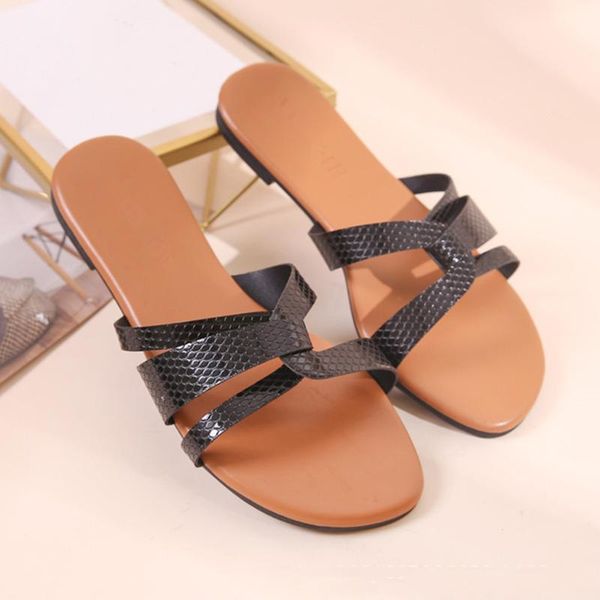 

женщины мода повседневная обувь тапочки крытый уличную обувь snake pattern cross band плоский femme тапочки # 6,10, Black