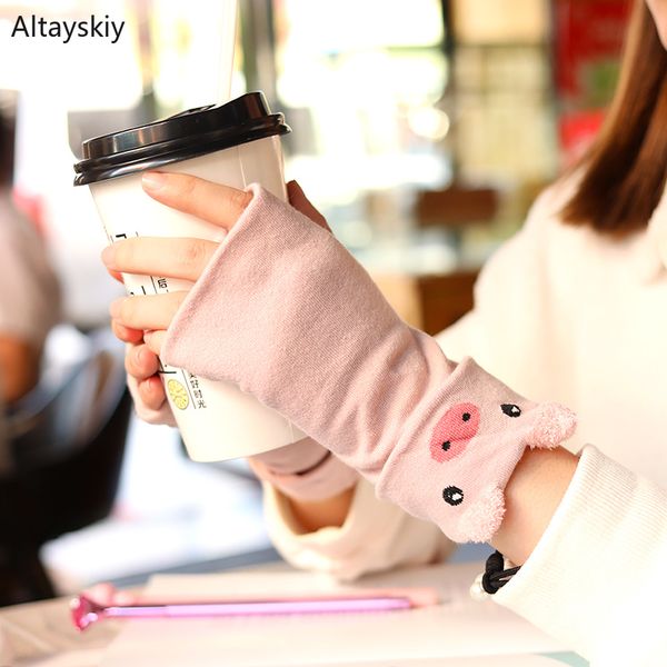 

gloves women lovely half-fingered winter knitted double-layer warm finger-less womens glove student kawaii cartoon animal mitten, Blue;gray