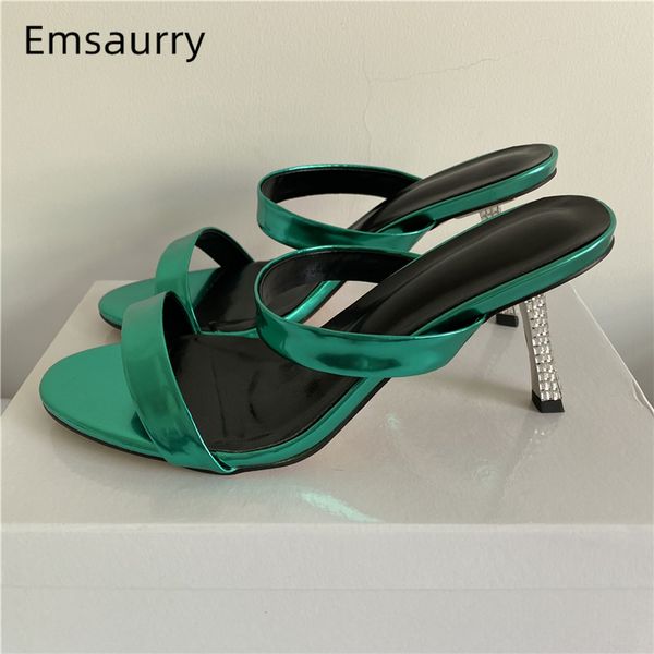

green patent leather narrow band slippers women crystal rhinestone thin high heel open toe summer runway shoes woman, Black