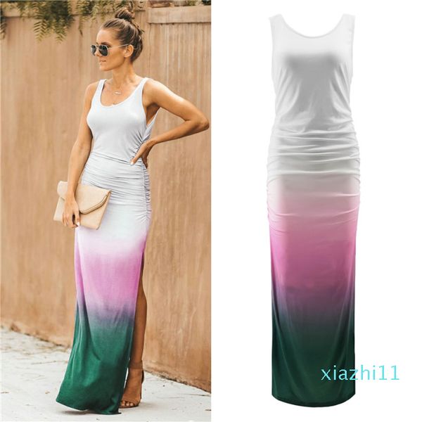 

fashion style dress women sleeveless split dress gradient crew neck slim summer casual dress famale, Black;gray
