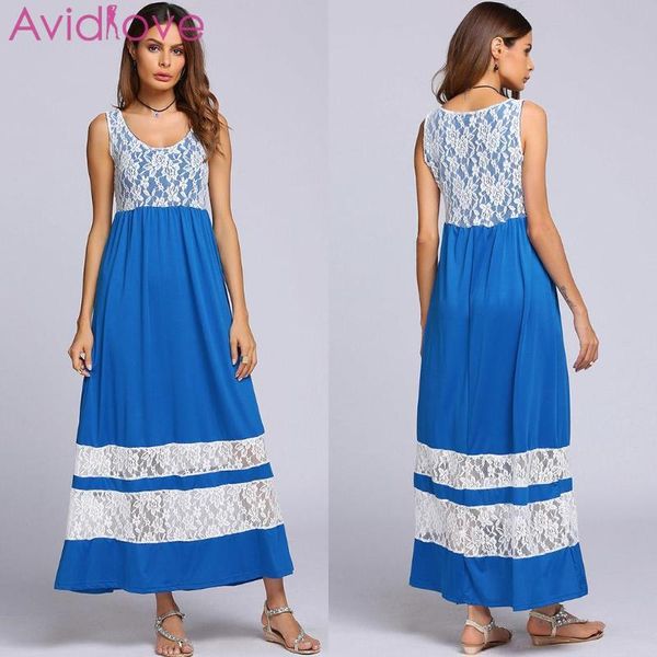

sleeveless scoop collar lace patchwork maxi women contrast color high waist full length a-line dress casual, Black;gray