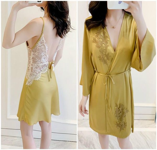 

women satin robe set lace 2pcs sleepwear silky nighty&robe set female twinset robe casual kimono gown home wear, Black;red